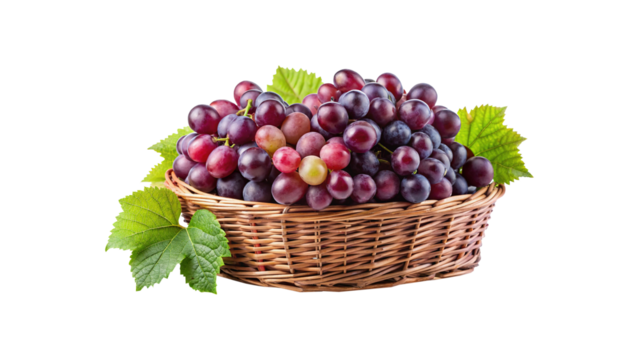 A wicker basket overflowing with ripe red grapes and fresh green leaves