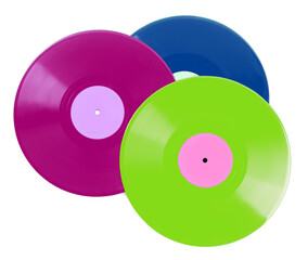 Three color vinyl records on white background