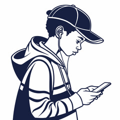 Teen boy wearing baseball cap using smartphone listening music