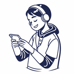 Happy teenager using smartphone wearing headphones listening music