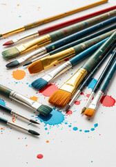 Obraz premium Colorful Paint Brushes with Splashes on White Paper