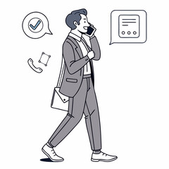 Businessman walking talking phone successful deal confirmed