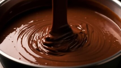 Close up smooth melted chocolate pouring and swirling in a bowl for dessert preparation - Powered by Adobe