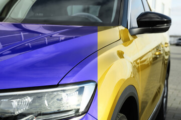 Modern blue auto before and yellow after painting, closeup. Comparative collage of car repaint