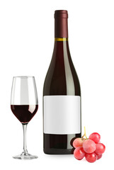 Luxurious red wine in bottle with blank label, glass and grapes isolated on white