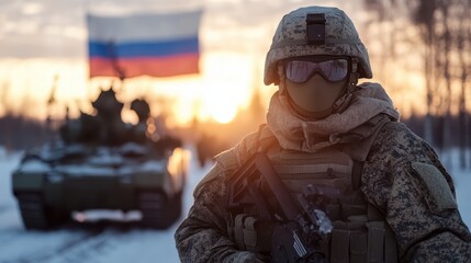 A soldier in camouflage stands in the snow with a tank in the background, showcasing military readiness and the starkness of a winter battlefield environment.
