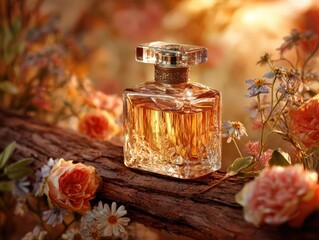 Elegant Glass Perfume Bottle Surrounded by Blooming Roses and Leaves in Golden Light