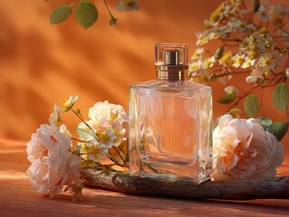 Elegant Glass Perfume Bottle Surrounded by Blooming Roses and Leaves in Golden Light
