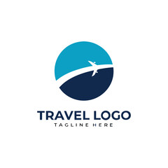 Travel agency vector logo with palm tree, aeroplane, global map, sun, and birds featuring logo for travel company 