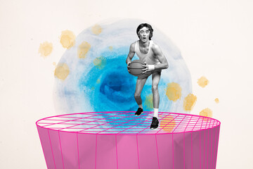 Creative 3D photo collage trend artwork template of healthcare warmup athlete young man play...