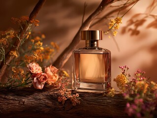 Elegant Glass Perfume Bottle Surrounded by Blooming Roses and Leaves in Golden Light