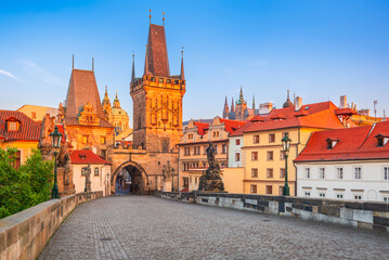 Prague, Czech Republic. Mala Strana and Charles Bridge sunrise.