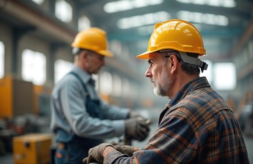 Experienced industrial engineers in hard hats at heavy industry manufacturing factory. Aged men working indoors. Pro workers with safety equipment, metal, steel, technology. Engineers in factory