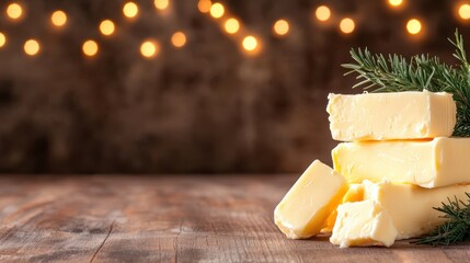 Stacks of butter are elegantly arranged on a rustic wooden table, complemented by a touch of greenery, evoking culinary delights and a homey atmosphere.