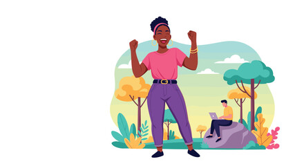 Celebrating Success Achieved at Outdoor Workspace Where Coworkers Are Working Online Together at Distance