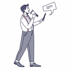 Man announcing news on smartphone with megaphone, clean cutout, transparent background