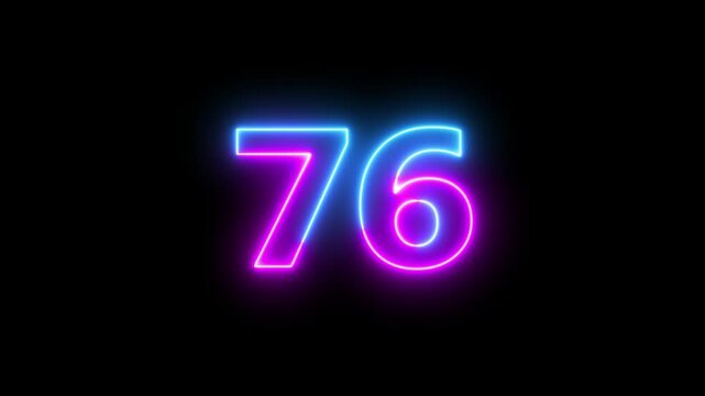 76 number neon text animation on black background.