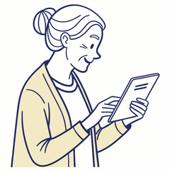 Elderly woman using tablet, clean cutout, transparent background