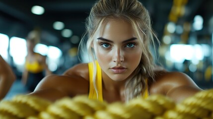 A determined athlete performs a high-energy workout, gripping heavy ropes in a gym setting that signifies strength, discipline, and dedication to fitness and athleticism.