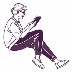 Senior woman using tablet, clean cutout, transparent background