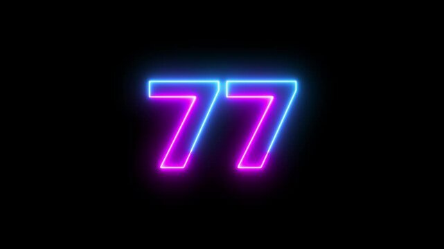 77 number neon text animation on black background.