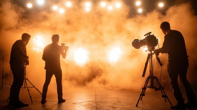 Silhouetted filmmakers capture the essence of movie-making with cameras and lights amidst a dramatic backdrop of fog and lighting, showcasing the artistry and passion of their craft.