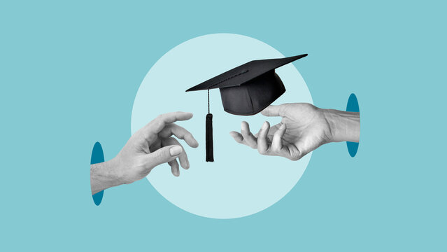 Concept of education and study at the university, institute or college. Hand reaches for student's hat on blue background