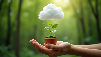 Nurturing Growth: Hands Holding a Plant with a Rain Cloud in a Lush Forest.
