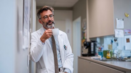 A thoughtful doctor enjoys a coffee break in a modern healthcare setting, surrounded by medical equipment.