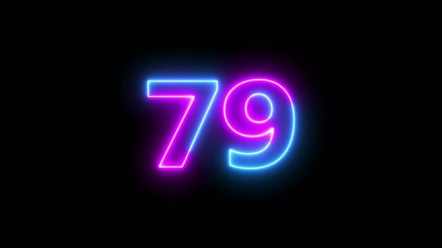 79 number neon text animation on black background.