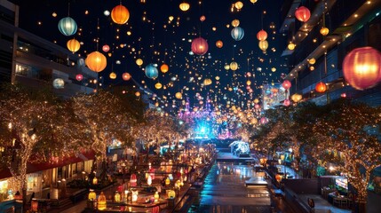 A vibrant night scene filled with colorful lanterns illuminating a lively outdoor dining area, creating a festive atmosphere.