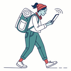 Young woman backpacker using smartphone navigation app walking