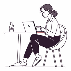 Woman working on laptop at cafe drinking coffee