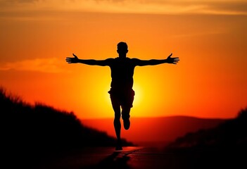 Silhouette of a runner against a vibrant sunrise, arms outstretched,  freedom,   horizon