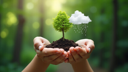 Nurturing Growth: Hands Holding a Plant with a Rain Cloud in a Lush Forest.