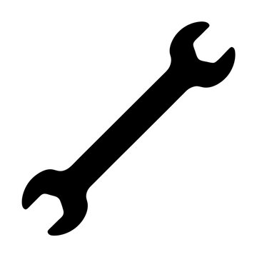 A simple black silhouette of an open end wrench on white background