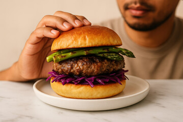 Man preparing to eat gourmet beef burger with grilled asparagus and purple cabbage on brioche bun at minimalist table setting