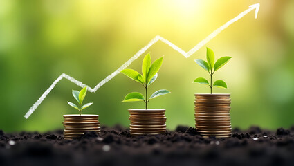 Growth of Green Plants on Stacked Coins with Financial Chart.