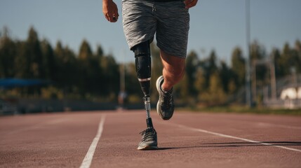 An athlete with a prosthetic leg runs on a track, showcasing determination and resilience in sports.