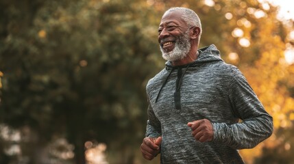 An elderly man joyfully jogging outdoors, promoting fitness and well-being in a vibrant autumn setting.