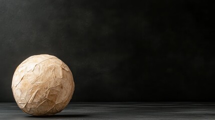 An abstract round object rests elegantly on a dark stone surface, evoking curiosity and introspection, suitable for a minimalist aesthetic with an artistic touch in design.