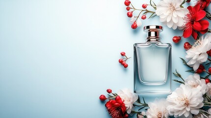 A stylish perfume bottle elegantly placed among vibrant flowers on soft blue backdrop captures the essence of luxury, beauty, and sophistication in a captivating composition.
