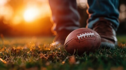 A close-up shot of a rugged football resting on green grass during a glowing sunset, symbolizing passion, sportsmanship, and the excitement of the game at day’s end.
