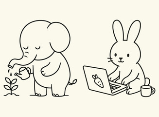  Elephant Gardener and Bunny with Laptop – Cute Minimalist Animal Line Art
