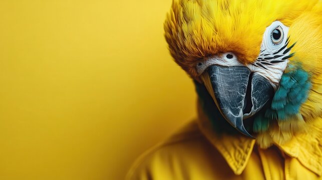 A vibrant close-up of a parrot against a vivid yellow background captures the bird's striking colors and textures, showcasing the beauty of wildlife and nature's artistry.