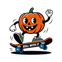 Happy skateboarding pumpkin joyfully rolls. Perfect for Halloween greeting cards, social media posts, fallthemed designs, and seasonal decorations.