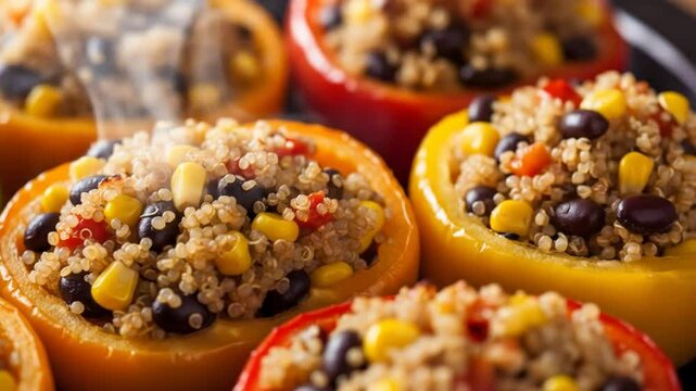 Delicious healthy quinoa and vegetable stuffed bell peppers steaming hot ready to serve