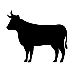 Silhouette of a horned cow standing on a white background illustration