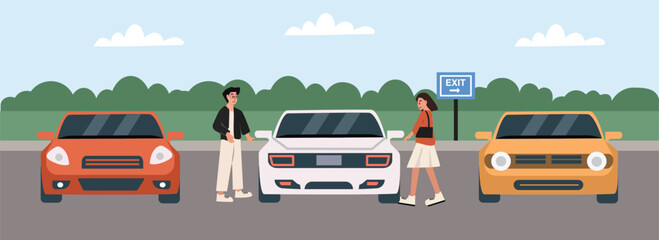 People at parking lot. Cars at parking place. Garage. Electric car. Car from front view. Passenger. People parking car. Couple by a Yellow Car Near Exit Sign