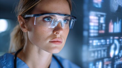 Focused scientist analyzing data through augmented reality technology in a modern lab environment.